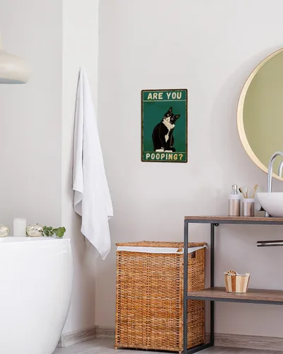 Miniatura 3 de ALKB Letrero de baño con diseño de gato esmoquin, divertido letrero de metal de 8 x 12 pulgadas – Are You Pooping – Decoración de pared de gloria