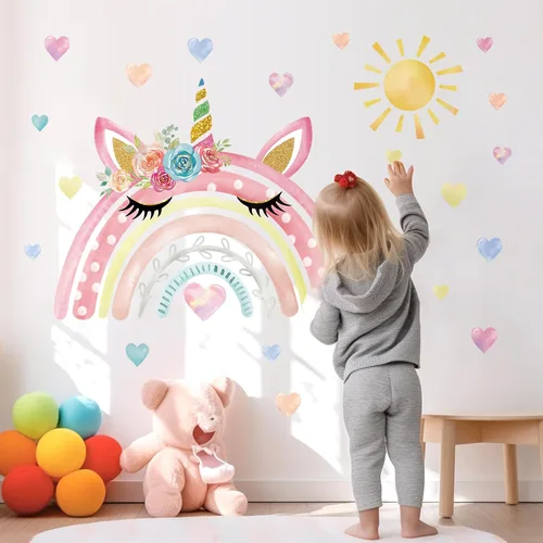 Miniatura 4 de wondever Calcomanías de pared grandes con diseño de arco iris de acuarela, diseño de unicornio y corazones de arco iris, calcomanías de arte