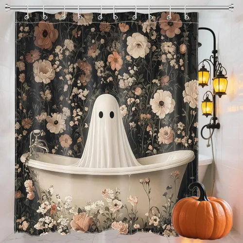 Miniatura 25 de LB Cortina de ducha espeluznante de Halloween, árbol muerto espeluznante con tela de araña de murciélago, cortina de ducha de baño con temática