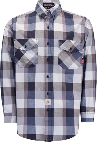 BOCOMAL Camisas FR Resistente a la llama 100% C NFPA2112 7.5oz Camisa de soldadura resistente al fuego para hombres Cuadros azul marino/blanco