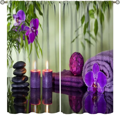 Miniatura 13 de Cortinas con estampado de bambú verde natural, plantas asiáticas, japonesas, tallos rústicos, hojas, cortina de selva con bolsillo para cortinero