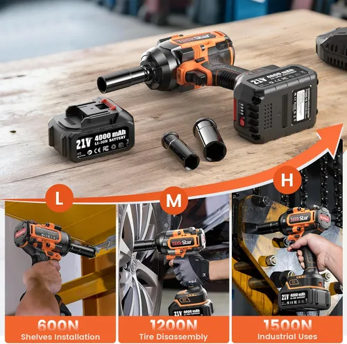 Miniatura 7 de Llave de impacto inalámbrica 1500N.m – Pistola de impacto de 1/2 pulgada sin escobillas de 20 V máximo con 2 baterías de 4.0 Ah y cargador rápido