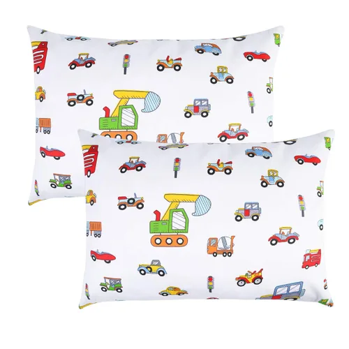 IBraFashion Paquete de 2 fundas de almohada de algodón antideslizantes de 14 x 19 pulgadas para niños pequeños, diseño de vehículo de construcción,