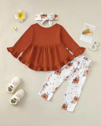 Miniatura 127 de Kucnuzki Conjunto de ropa para bebé niña pequeña, camisa de manga con volantes, pantalón floral, ropa de otoño e invierno para niña