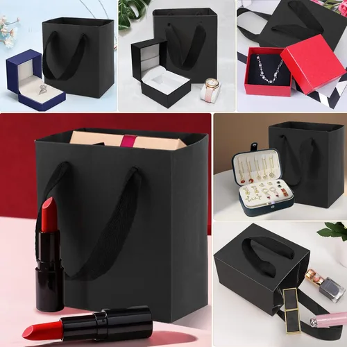Miniatura 4 de EUSOAR Pequeñas bolsas negras para envolver regalo, paquete de 12 bolsas de papel kraft de 4 x 2.75 x 4.5 pulgadas con asas, bolsas resistentes
