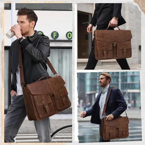 Miniatura 2 de RAINSMORE Bolsa de mensajero para hombre de 17 pulgadas, maletín para computadora portátil, impermeable, de cuero, para trabajo, oficina, viajes