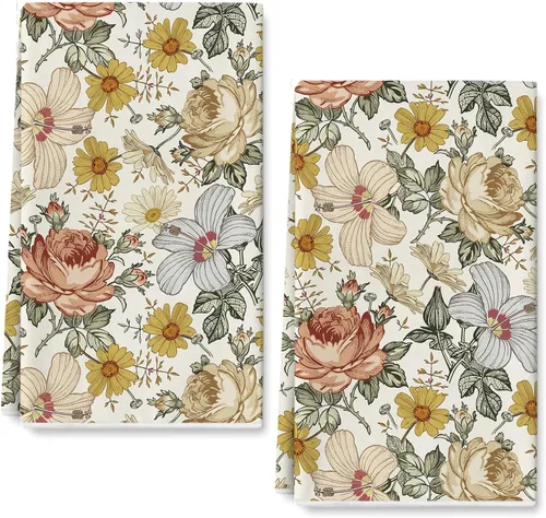 Toalla de cocina floral vintage de 18 x 28 pulgadas, toalla de cocina de flores retro, rosa, manzanilla, paño absorbente de secado a mano, paños de