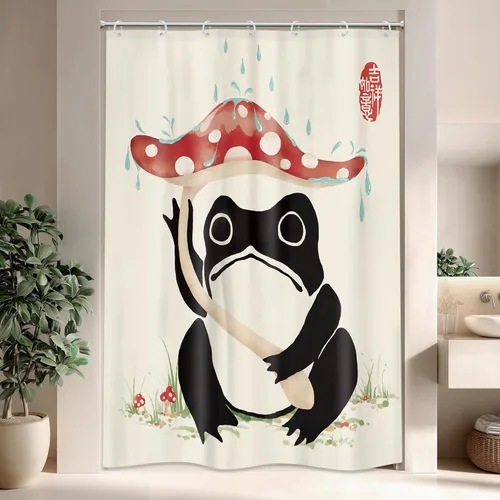 Miniatura 28 de Juego Divertido de Cortina de Rana Retro para Ducha, Juego de Baño 48x71 Pulgadas, Estilo Asiático Lindo, Arte Japonés Tradicional de Pato de Goma