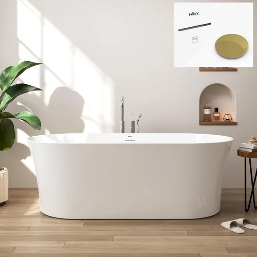 Miniatura 12 de FerdY Tahiti - Bañera independiente de 67" con forma ovalada elegante, bañera aislada de doble pared brillante con color blanco, con centro