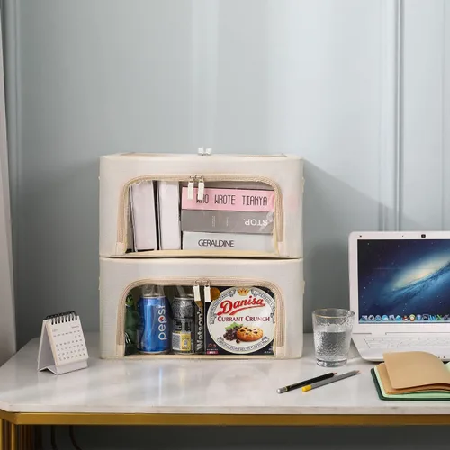 Miniatura 9 de Paquete de 3 cajas de almacenamiento con marco, bolsas de almacenamiento de ropa, tela Oxford, plegable, apilable, juego organizador con ventana