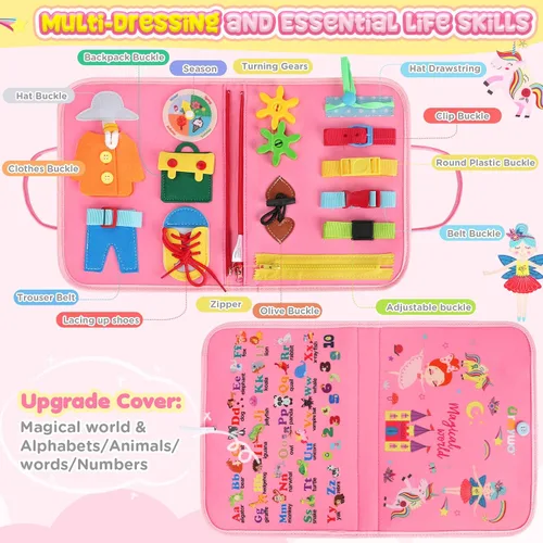 Miniatura 8 de URMYWO Tablero de actividades Montessori para niños de 1, 2, 3, 4 años, libro ocupado para actividades para niños con habilidades motoras finas, Rosa