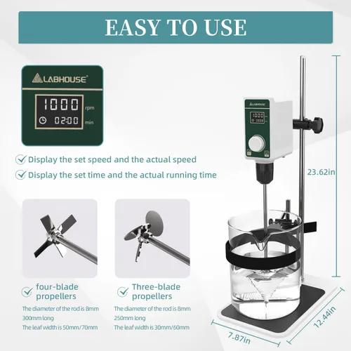 Miniatura 3 de Agitador digital OS-15S de 20 L (H₂O) para laboratorio, soporte de acero inoxidable con base en H y 1 paleta de agitación 100-1500RPM, 20000 mPas
