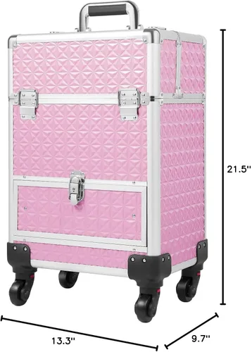 Miniatura 10 de Estuche de maquillaje con ruedas y mango telescópico, cajón con cerradura, estuche de maquillaje rodante, organizador de cosméticos, para estilista