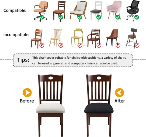 Miniatura 3 de Fuloon Fundas elásticas para asiento de silla, 6 unidades, extraíbles y lavables, fundas para sillas de comedor, antipolvo, fundas de cojín de Negro