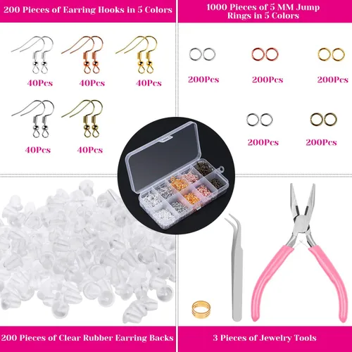 Miniatura 3 de Audab - Ganchos para aretes, kit de fabricación de 1400 piezas con 200 anillos de oreja, 1000 anillos de salto, respaldos y alicates de joyería