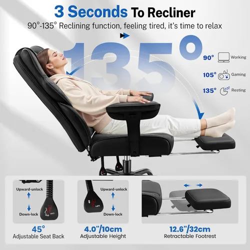 Miniatura 4 de FelixKing Silla de oficina grande y alta de 500 libras, silla de escritorio ergonómica con reposapiés, silla de computadora de piel sintética Negro