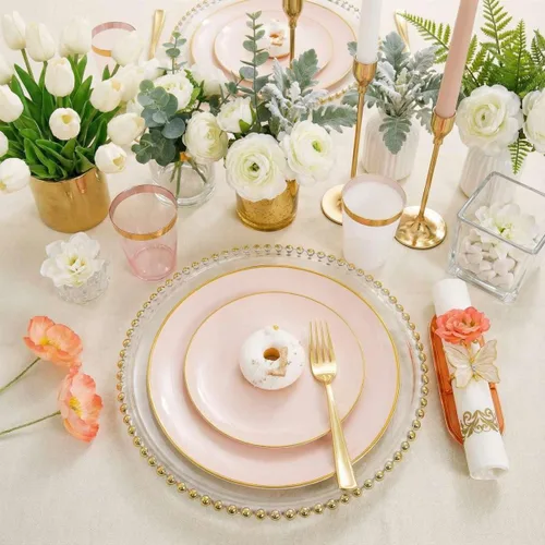 Miniatura 5 de Rubtlamp Juego de 210 platos de plástico rosa con cubiertos de plástico dorado que incluye 30 platos de cena rosa y 30 platos de postre, cubiertos