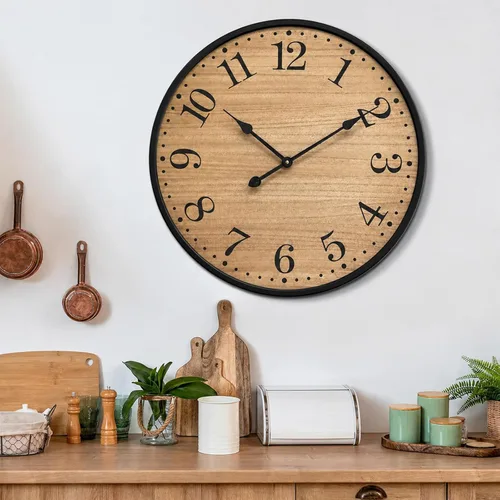Miniatura 6 de Reloj de pared rústico para decoración de sala de estar, reloj de pared grande de 24 pulgadas con cara de madera marrón oscuro y marco de metal