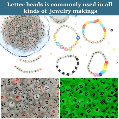 Miniatura 2 de Eppingwin 1400 cuentas de letras acrílicas, 0.16 x 0.27 pulgadas, brillan en la oscuridad, para hacer joyas y pulseras, caja de 28 cuadrículas
