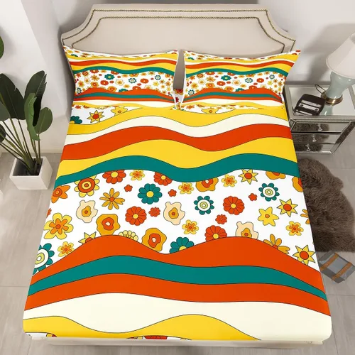Miniatura 9 de Juego de ropa de cama con diseño floral bohemio, tamaño individual, diseño retro de flores groovy, 60S y 70S, diseño de flores hippie para niños