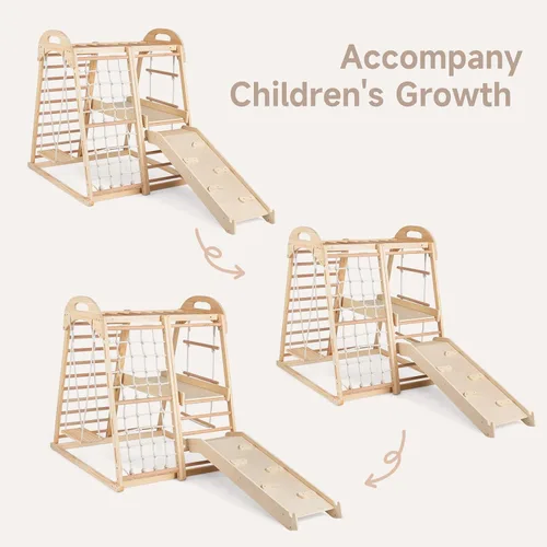 Miniatura 8 de OLAKIDS Gimnasio interior de la selva, 8 en 1 de madera Montessori juguetes de escalada para niños pequeños con rampa ajustable deslizante, escalera