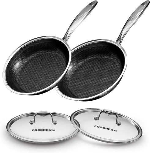 Fogdream Juego de ollas y sartenes de 10 pulgadas y 11 pulgadas, antiadherentes, de acero inoxidable con tapa, apto para lavavajillas y horno, libre