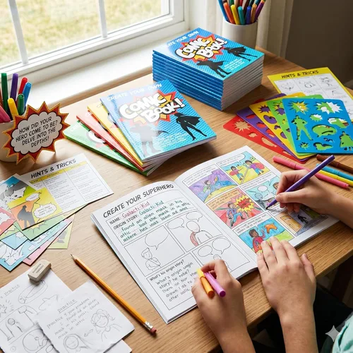 Miniatura 7 de Fun Express Libro de cómics en blanco para niños – Bloc de actividades de libro de dibujo con paneles y plantillas preimpresas Kit de cómo dibujar