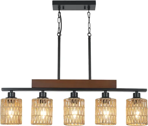 Miniatura 9 de Iluminación de Isla de Cocina Estilo Granja, Lámpara de Comedor de 5 Luces, Candelabro Lineal Estilo Granja con Madera Maciza para Comedor Cocina