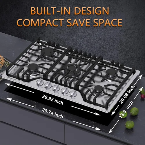Miniatura 6 de Placa de cocina de gas de 30 pulgadas, estufa de gas integrada con 5 quemadores, cocinas convertibles NG/LPG, placa de cocina de propano de 5