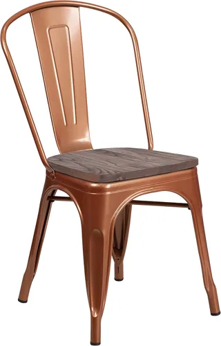 Miniatura 3 de EMMA + OLIVER Silla apilable de metal de cobre con asiento de madera