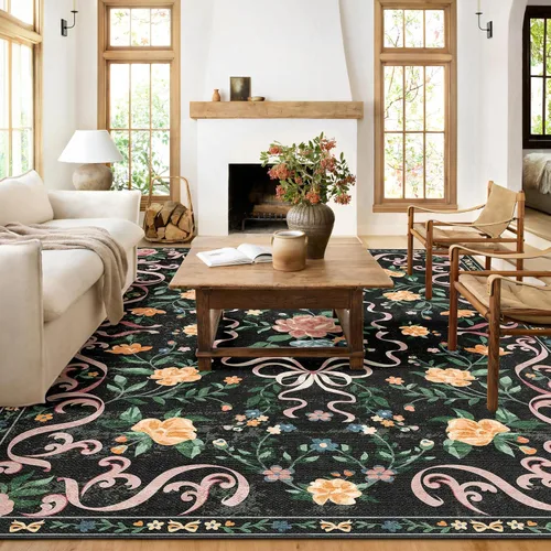 Miniatura 11 de Alfombra de área de 5 x 7 pies para sala de estar, alfombra verde boho antideslizante lavable, alfombra vintage de pelo bajo, alfombra grande