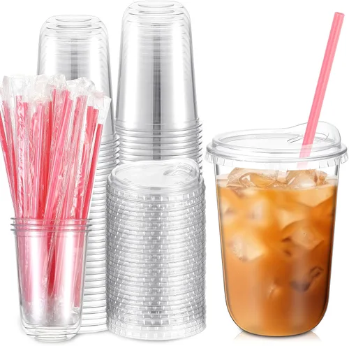 Miniatura 17 de Ziliny Juego de 25 vasos de plástico transparente con pajitas rosas en forma de corazón y tapas sin popote, vasos desechables para mascotas de fondo