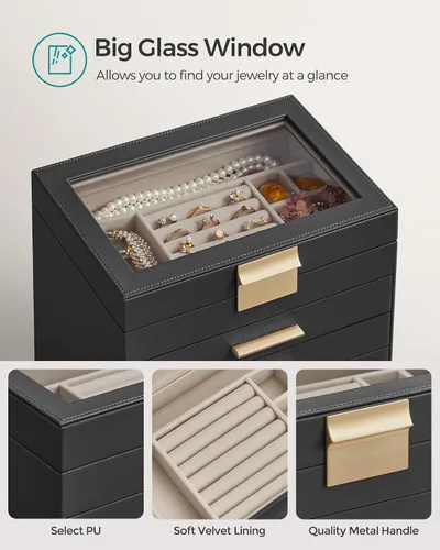 Miniatura 4 de SONGMICS UJBC171B01 - Joyero con tapa de cristal, organizador de joyas de 6 capas con 5 cajones, para gafas de sol y joyas grandes, almacenamiento