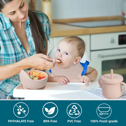 Miniatura 4 de Juego de alimentación para bebés 100% de silicona, sin BPA, con ventosa, plato dividido, juego de platos de autoalimentación para niños pequeños