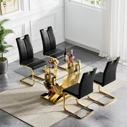 Miniatura 2 de Juego de mesa de comedor de cristal dorado moderno de 70 pulgadas para 4, juego de mesa rectangular de 5 piezas con base de acero en forma de anillo