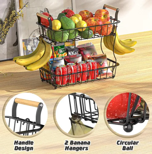 Miniatura 3 de Soporte para colgar plátanos de 2 niveles con 2 perchas, cesta grande de almacenamiento de frutas y verduras