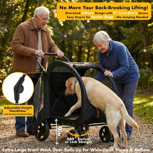 Miniatura 4 de PAWZIDEA Cochecito de perro 3 en 1 para perros grandes con transportador desmontable de hasta 100 libras, 45% extra alto para perros, jaula de auto