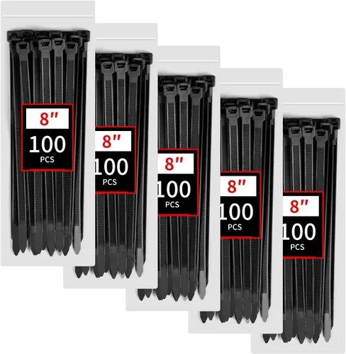 Bridas de cremallera resistentes, BethTie paquete de 500 (8 pulgadas) bridas de cable negras, bridas de alambre de plástico autobloqueantes con
