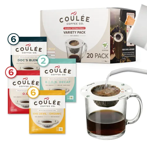 Coulée EcoPour Coffee - Paquete variado de café para verter una sola porción, uso para acampar o viajar, compostable prellenado, todos los filtros