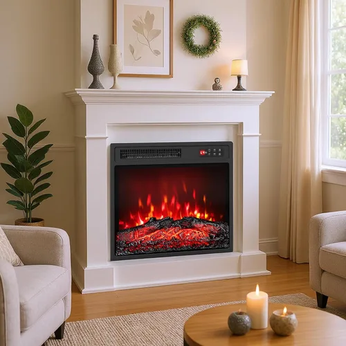 Miniatura 3 de Tangkula Calentador eléctrico de chimenea de 18 pulgadas, inserto de chimenea empotrado con llama regulable de 7 colores, calefacción de 750 W/1500