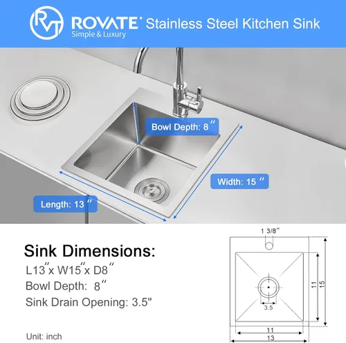 Miniatura 5 de ROVATE Fregadero de barra empotrable de 13 x 15 x 8 pulgadas, Fregadero de cocina pequeño de montaje superior de un solo compartimento, Fregaderos