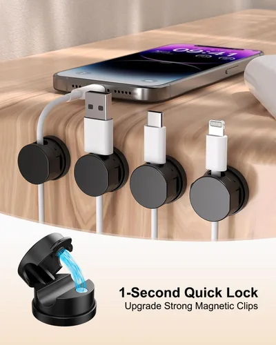Miniatura 2 de OneLeaf Paquete de 8 clips magnéticos fuertes para cables con rotación de 360°, soporte para cables para mesita de noche, soporte para cargador