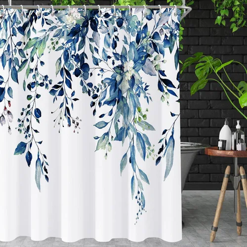 Miniatura 2 de Cortina de ducha de eucalipto azul para baño, juego de cortinas de ducha de hojas de acuarela, cortina de ducha impermeable para plantas, tela