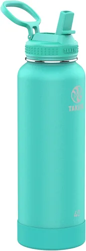 Takeya Actives - Botella de agua con tapa con popote, duradera y de fácil cuidado, con aislamiento de acero inoxidable, tapa sin BPA con asa de