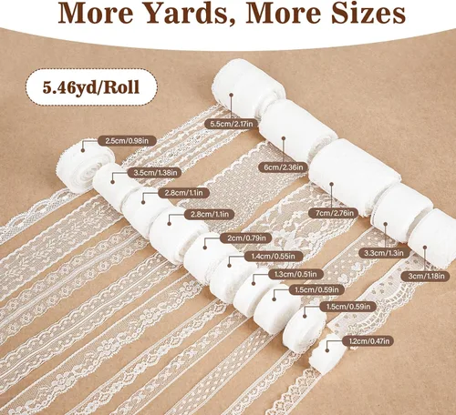 Miniatura 2 de ilauke Cinta de encaje blanco de 82 yardas, 15 rollos de adornos de encaje vintage con varios patrones de ganchillo y costura, diseños florales