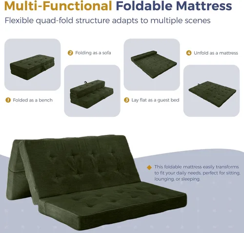 Miniatura 8 de MAXYOYO Sofá cama plegable de 4 pulgadas, sofá plegable copetudo, sofá portátil con asas, cubrecolchón de cama de invitados, tapete portátil