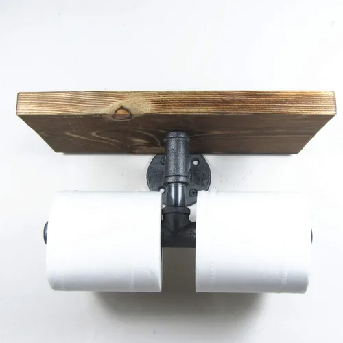 Miniatura 2 de Estante de almacenamiento de madera industrial urbano para montaje en pared, tubo de hierro, doble soporte de papel higiénico, rodillo