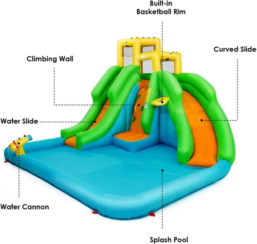Miniatura 9 de BOUNTECH Tobogán acuático inflable, parque acuático gigante 6 en 1, castillo de salto con soplador GFCI para diversión de carreras al aire libre