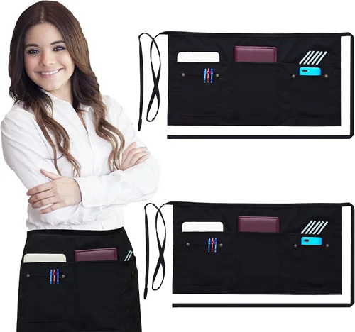 Brtex Delantales de servidor con 5 bolsillos (paquete de 2) – Delantales de cintura negra de grado comercial para mujeres y hombres – Restaurantes,