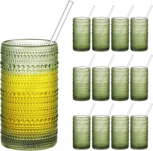 Juego de 12 vasos para beber Hobnail de 16 onzas, vasos verdes en relieve vintage de gran capacidad, vasos altos para agua, cóctel, cerveza, whisky,